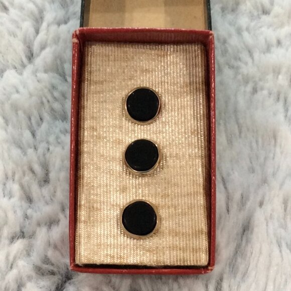 Vintage Black Onyx Gold Tone Trim Round Button Cufflinks Three-Piece Set in Orig - Picture 1 of 7